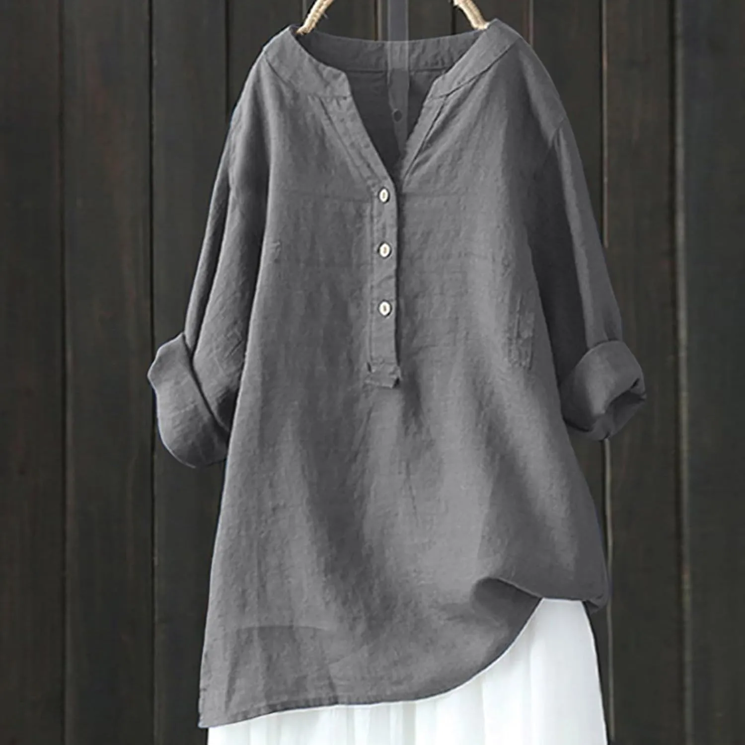 Women's Short Sleeve Linen Shirts Casual Crew Neck Lightweight T-Shirts Button Loose Fit Summer Tee Top