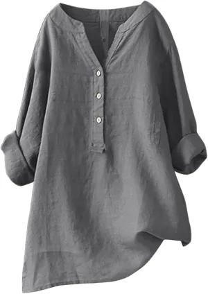 Women's Short Sleeve Linen Shirts Casual Crew Neck Lightweight T-Shirts Button Loose Fit Summer Tee Top