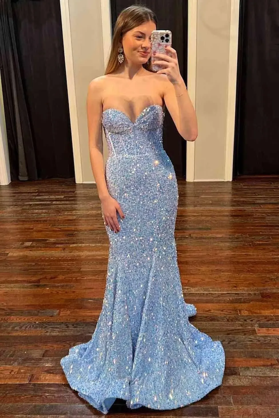 Women's Sparkly Sequins Corset Prom Dresses Long Strapless Bodycon Mermaid Evening Gowns Backless Formal Party Dress