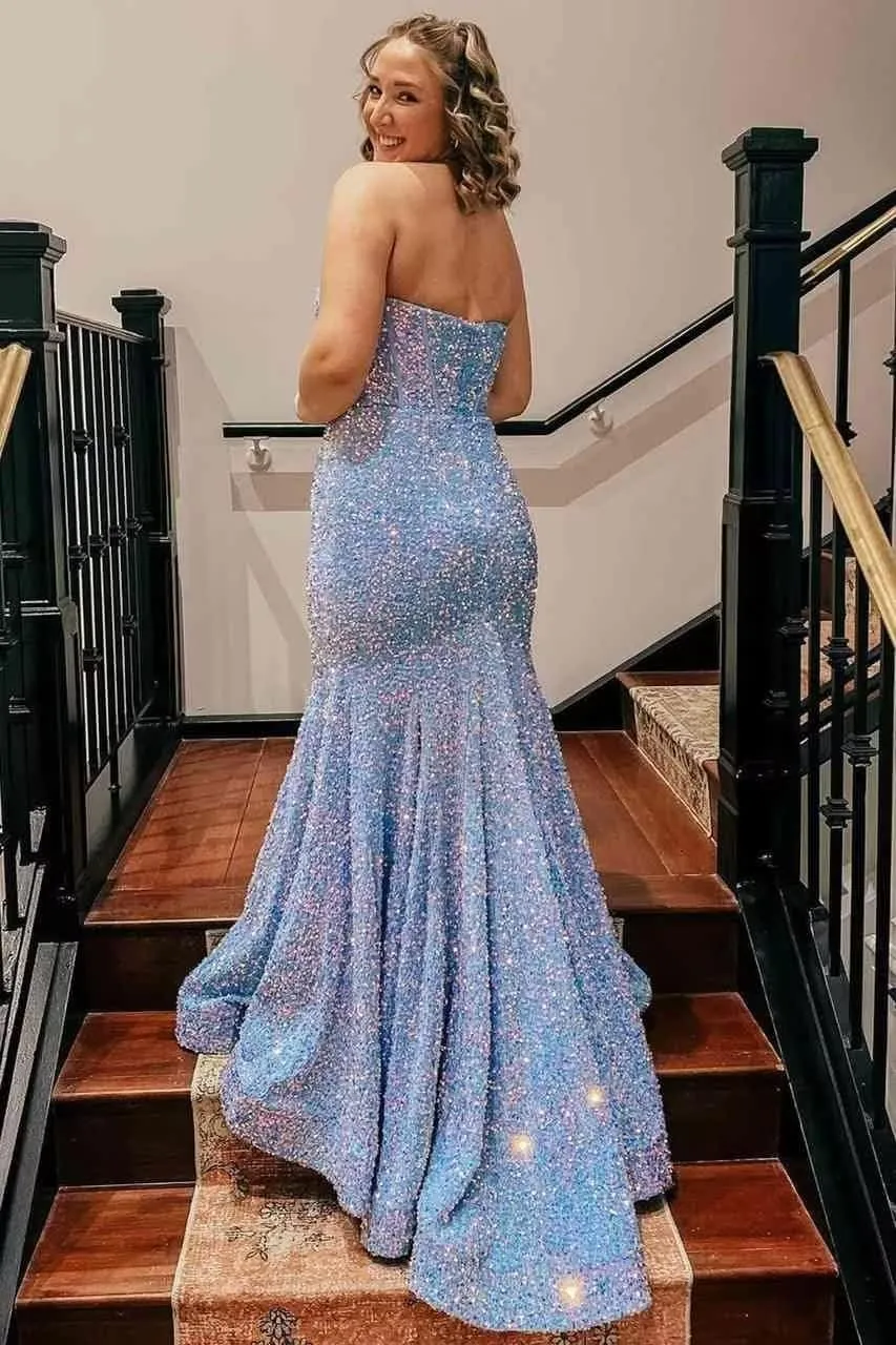 Women's Sparkly Sequins Corset Prom Dresses Long Strapless Bodycon Mermaid Evening Gowns Backless Formal Party Dress
