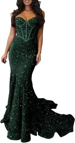Women's Sparkly Sequins Corset Prom Dresses Long Strapless Bodycon Mermaid Evening Gowns Backless Formal Party Dress