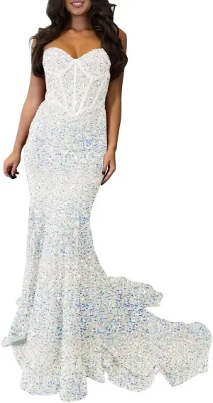 Women's Sparkly Sequins Corset Prom Dresses Long Strapless Bodycon Mermaid Evening Gowns Backless Formal Party Dress