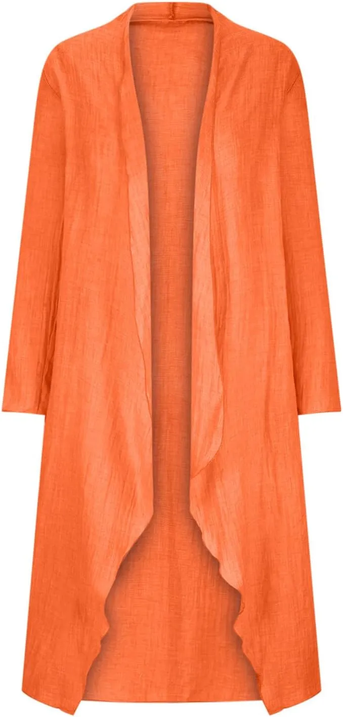Womens Summer Lightweight Linen Kimono Cardigan Long Sleeve Open Front Beach Cover Up Summer Sun Protection Cardigans