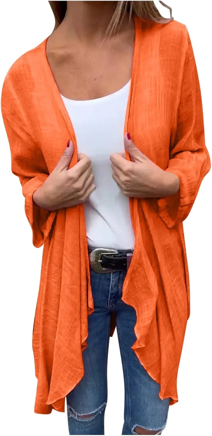 Womens Summer Lightweight Linen Kimono Cardigan Long Sleeve Open Front Beach Cover Up Summer Sun Protection Cardigans