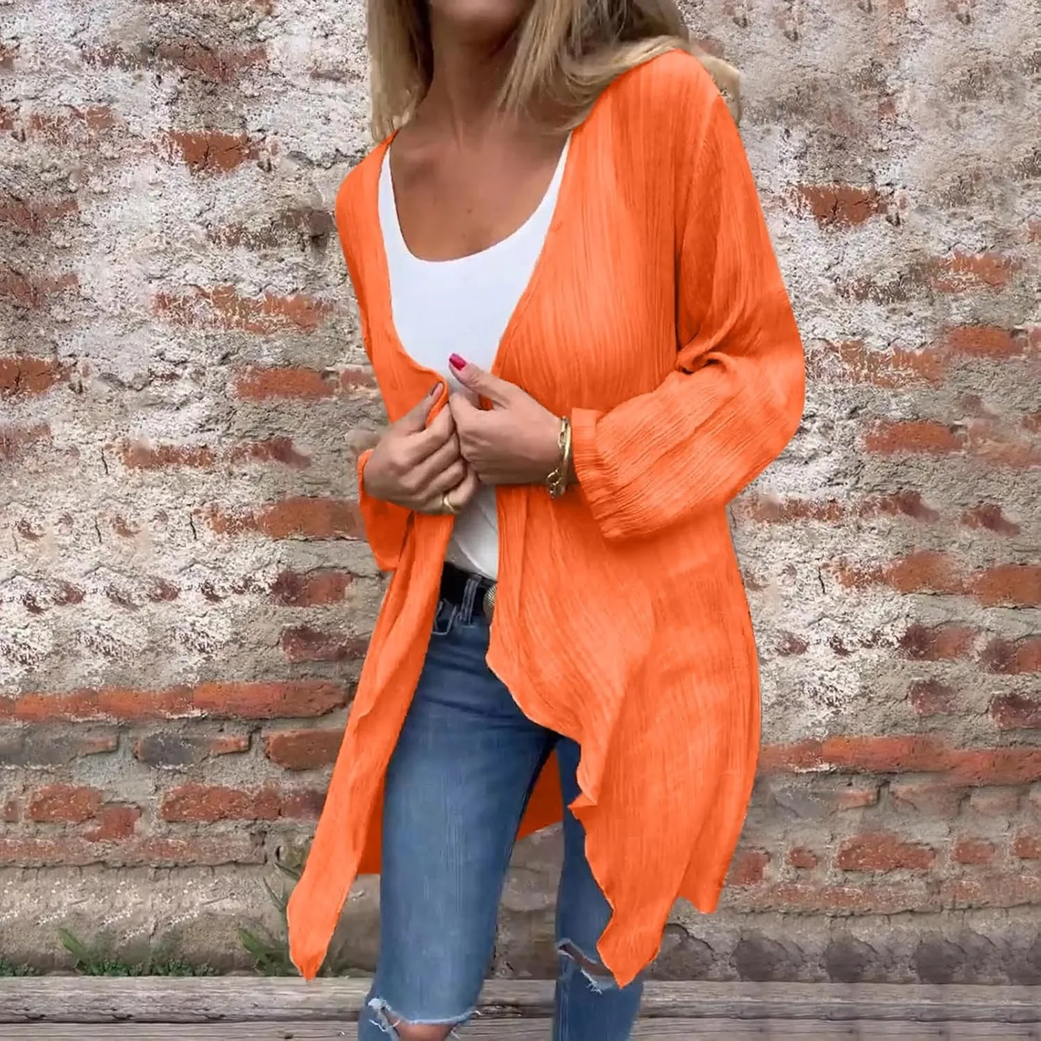 Womens Summer Lightweight Linen Kimono Cardigan Long Sleeve Open Front Beach Cover Up Summer Sun Protection Cardigans