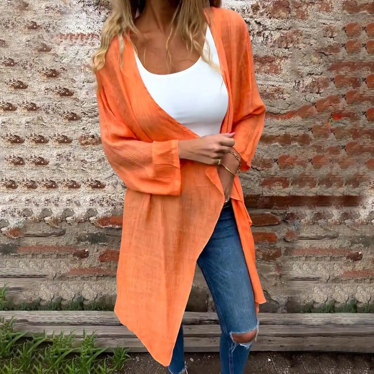 Womens Summer Lightweight Linen Kimono Cardigan Long Sleeve Open Front Beach Cover Up Summer Sun Protection Cardigans