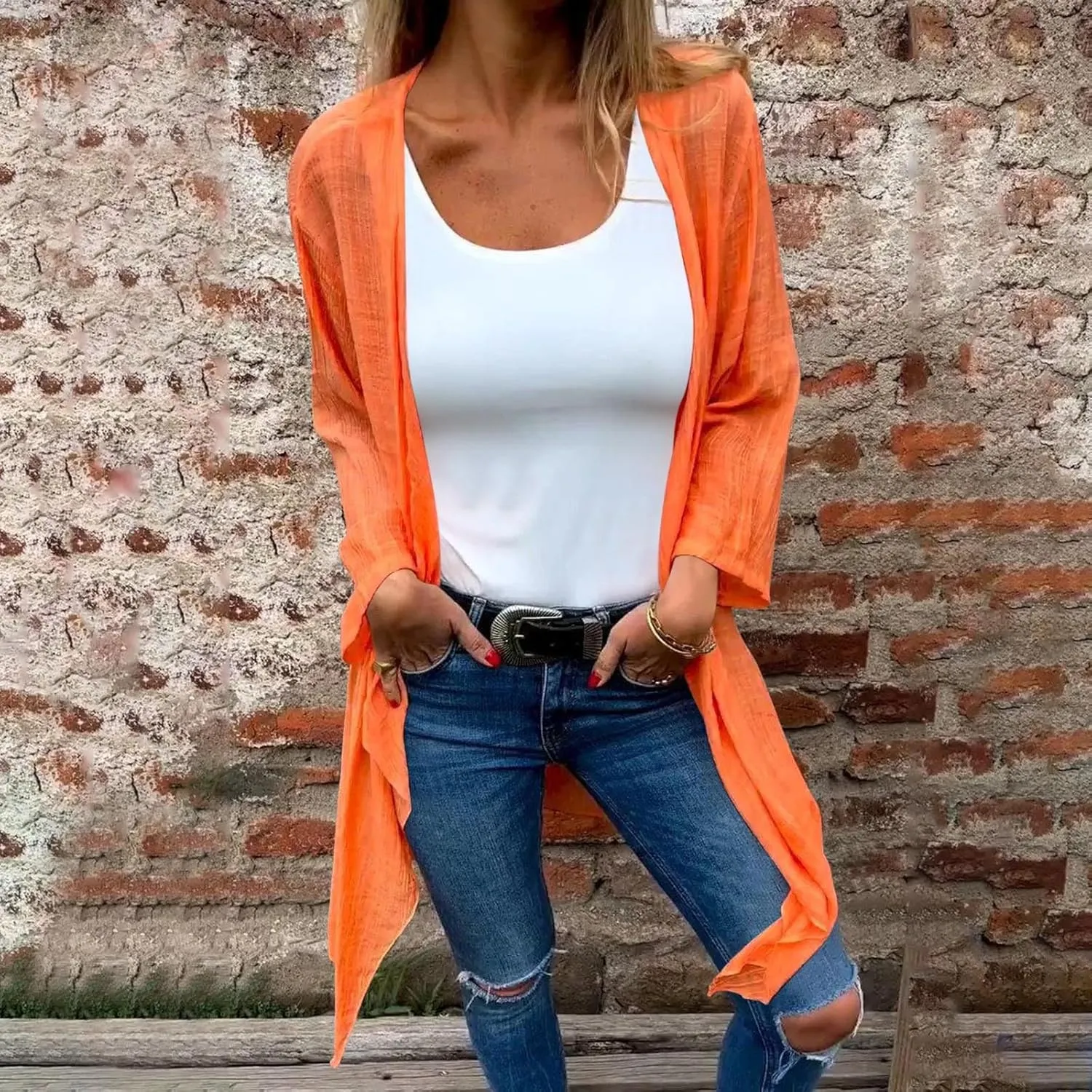 Womens Summer Lightweight Linen Kimono Cardigan Long Sleeve Open Front Beach Cover Up Summer Sun Protection Cardigans