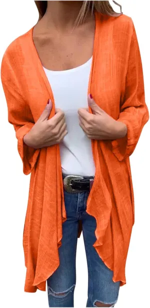 Womens Summer Lightweight Linen Kimono Cardigan Long Sleeve Open Front Beach Cover Up Summer Sun Protection Cardigans