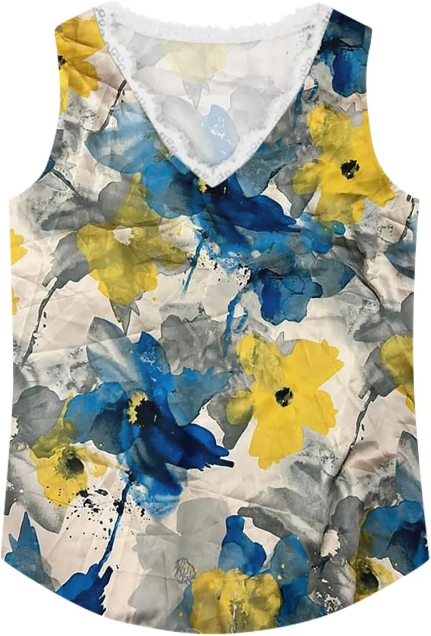Womens Summer Tank Tops Loose Fit Lace V Neck Sleeveless Tops Shirts Dressy Casual Flowy Going Out Tank Tops