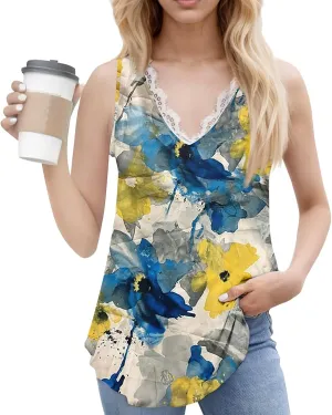 Womens Summer Tank Tops Loose Fit Lace V Neck Sleeveless Tops Shirts Dressy Casual Flowy Going Out Tank Tops