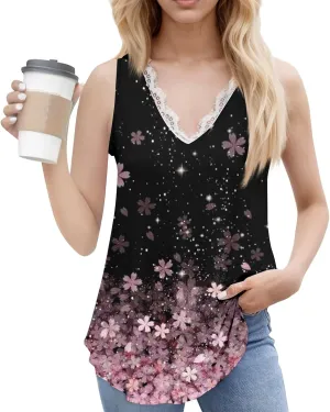 Womens Summer Tank Tops Loose Fit Lace V Neck Sleeveless Tops Shirts Dressy Casual Flowy Going Out Tank Tops