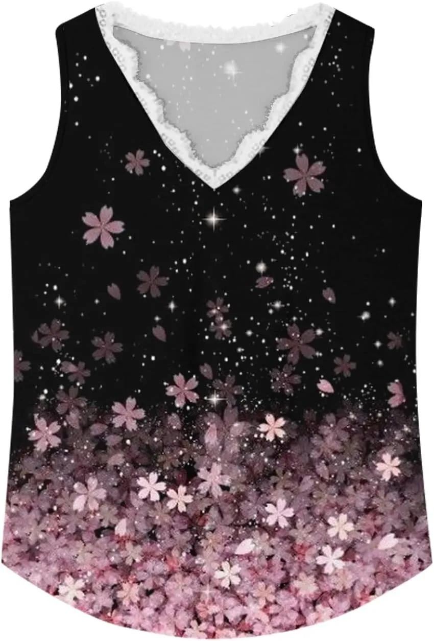 Womens Summer Tank Tops Loose Fit Lace V Neck Sleeveless Tops Shirts Dressy Casual Flowy Going Out Tank Tops