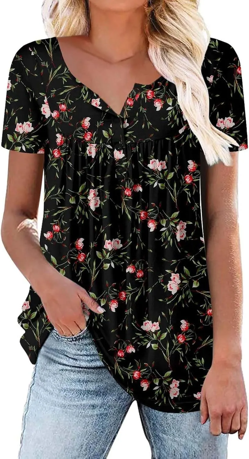 Womens Summer Tops Pleated Crewneck Short Sleeve Shirts Trendy Tunic Tops Plus Size Blouse Casual Workout Shirt