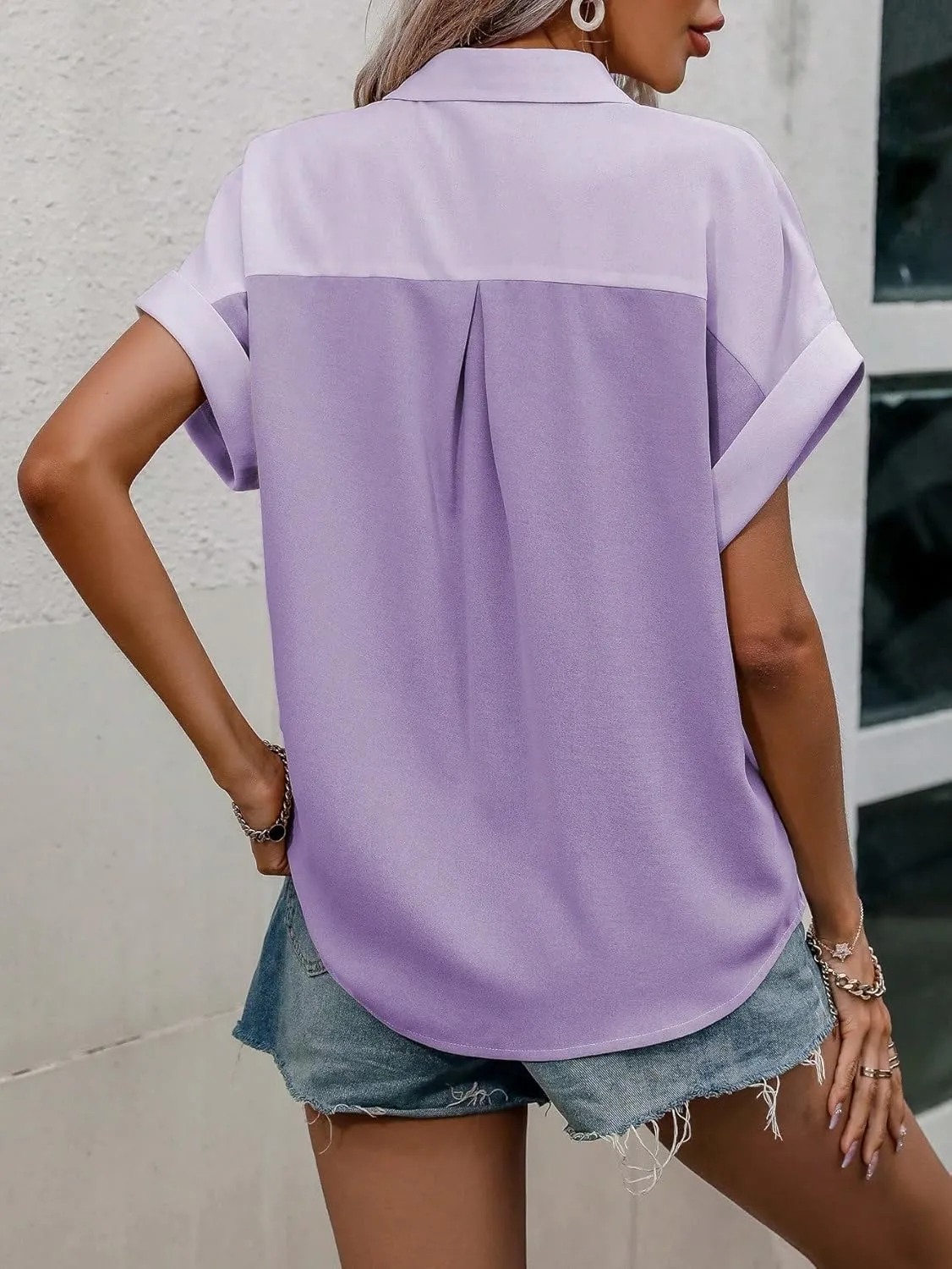Womens Summer Work Blouse Button Front Pocket Shirt Short Sleeve Tops Tops