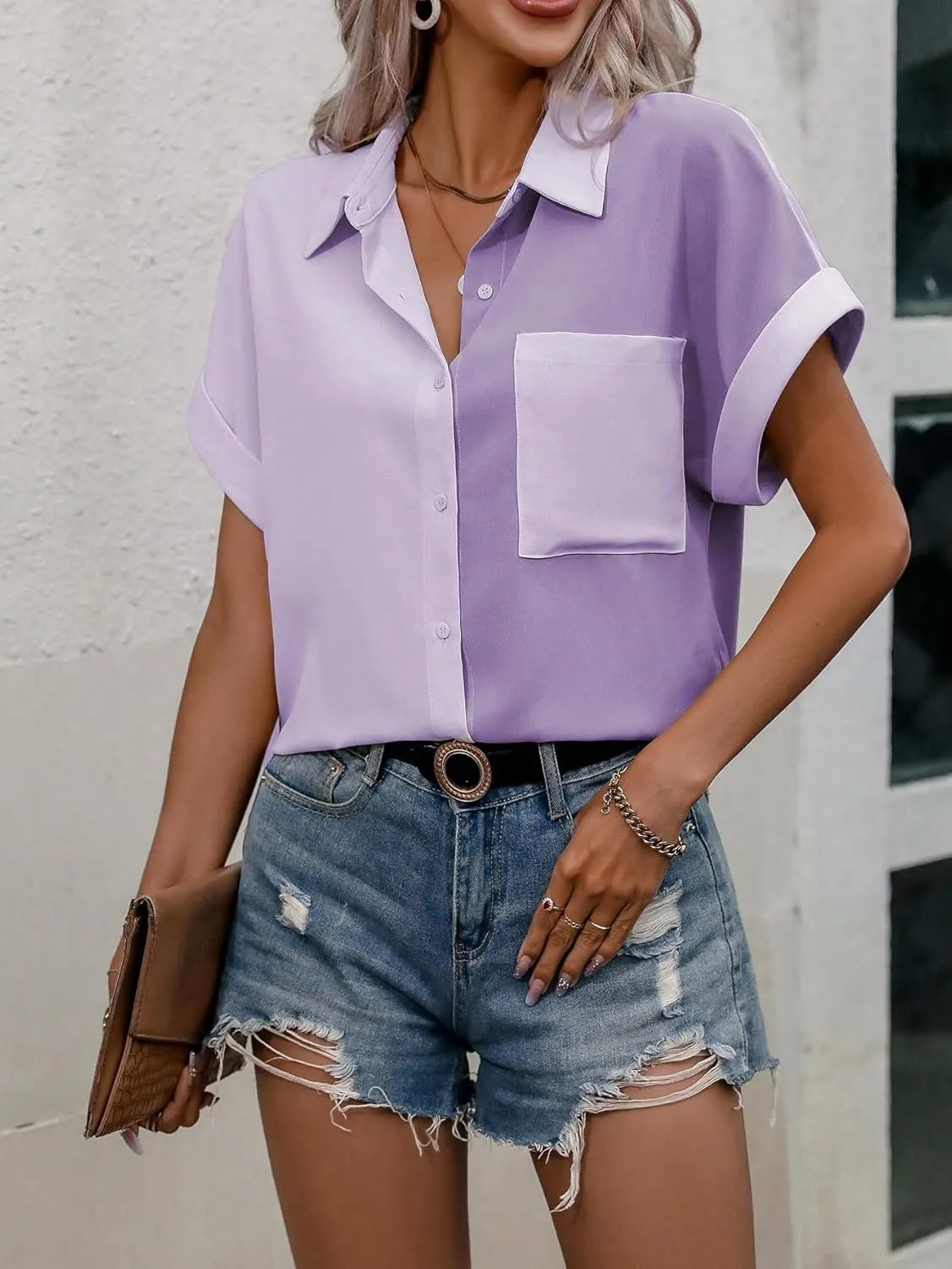 Womens Summer Work Blouse Button Front Pocket Shirt Short Sleeve Tops Tops