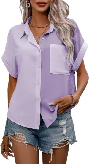 Womens Summer Work Blouse Button Front Pocket Shirt Short Sleeve Tops Tops