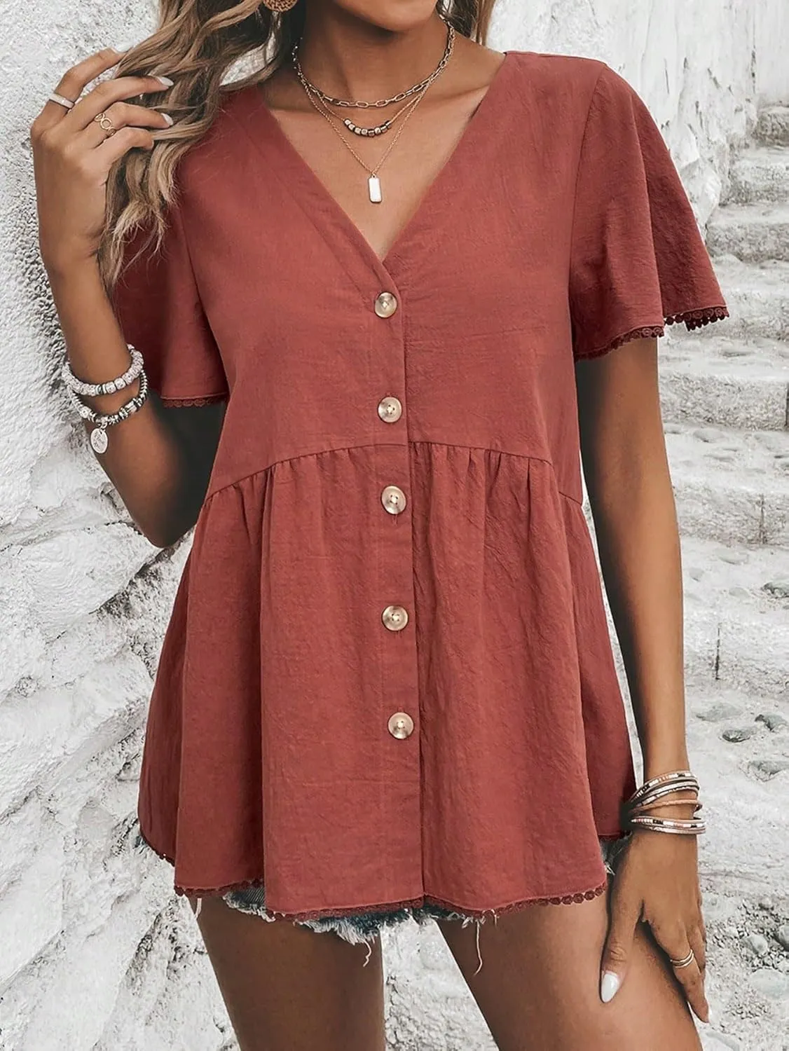 Womens Summer Work Blouse Solid Button Front Blouse Short Sleeve Tops Tops