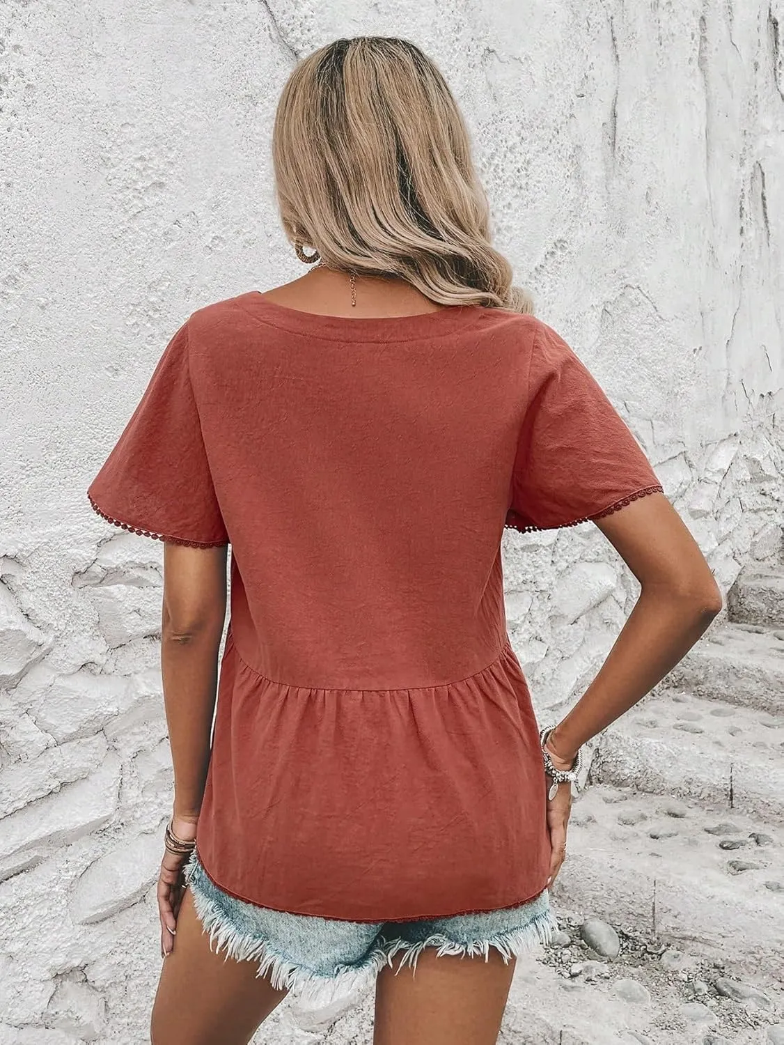 Womens Summer Work Blouse Solid Button Front Blouse Short Sleeve Tops Tops