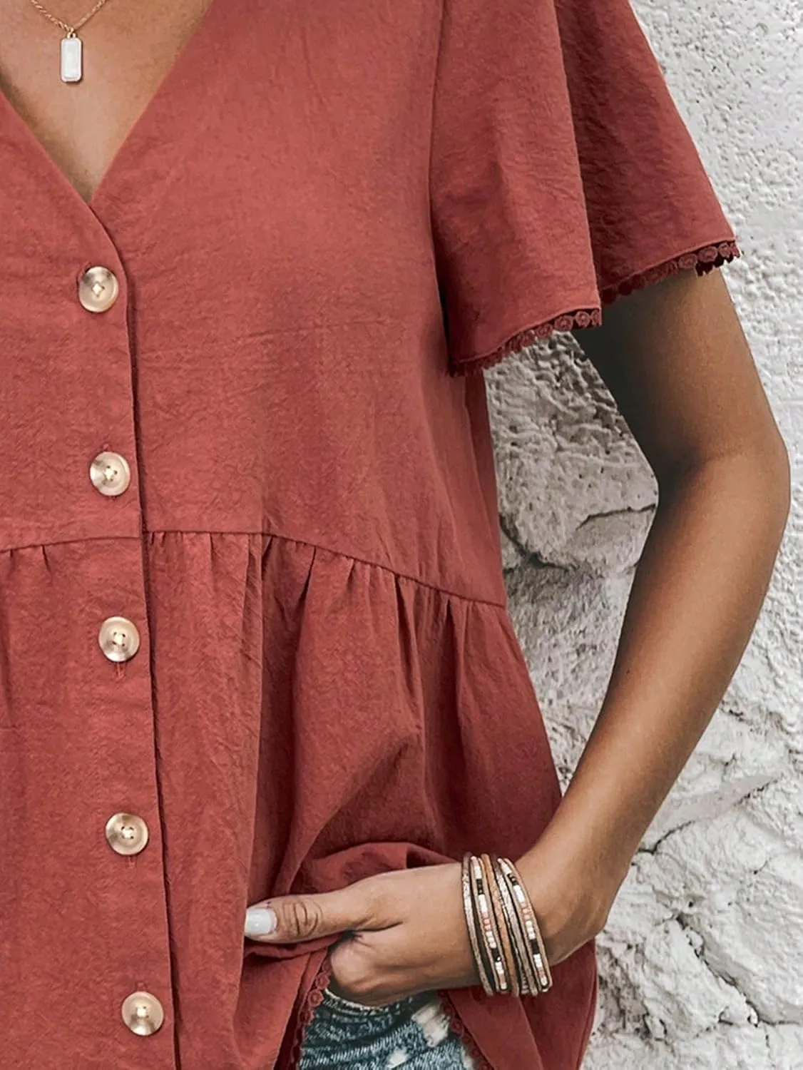 Womens Summer Work Blouse Solid Button Front Blouse Short Sleeve Tops Tops