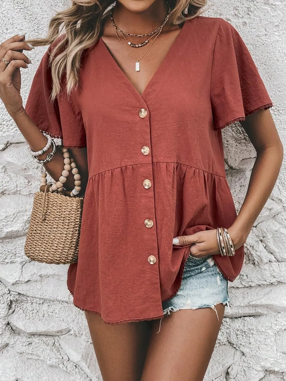 Womens Summer Work Blouse Solid Button Front Blouse Short Sleeve Tops Tops