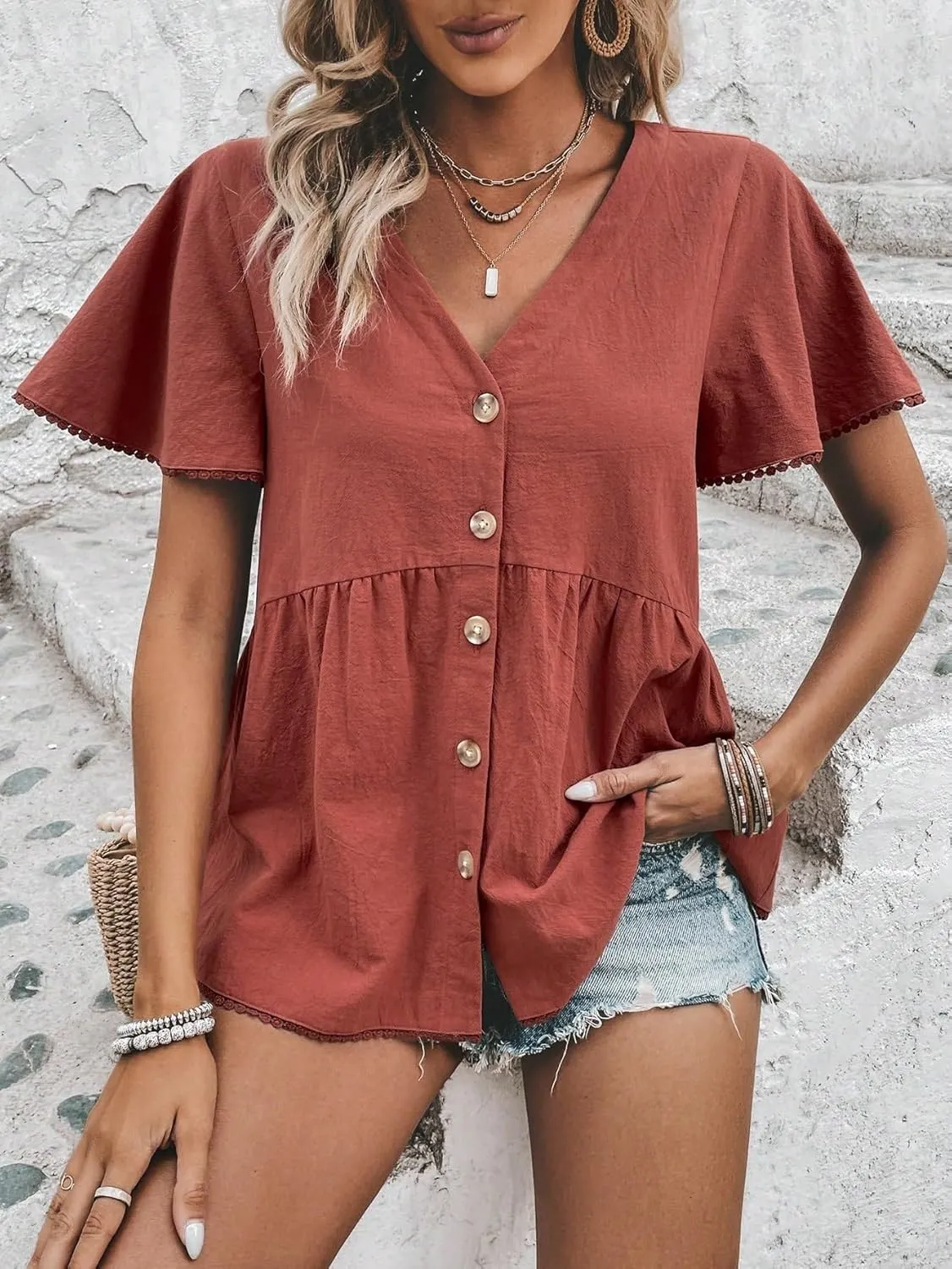 Womens Summer Work Blouse Solid Button Front Blouse Short Sleeve Tops Tops