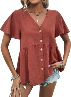 Womens Summer Work Blouse Solid Button Front Blouse Short Sleeve Tops Tops