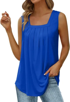 Womens Tank Tops Loose Fit Summer Tank Tops for Women Loose Fit Pleated Square Neck Sleeveless Tops Curved Hem