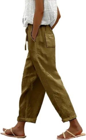 Womens Trendy Cropped Pants 2024 Japanese Vintage Plus Size Elastic Waist Casual Beach Trousers with Pocket