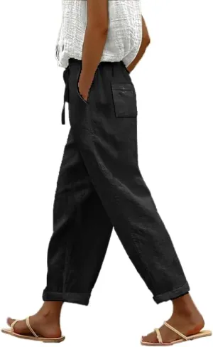 Womens Trendy Cropped Pants 2024 Japanese Vintage Plus Size Elastic Waist Casual Beach Trousers with Pocket