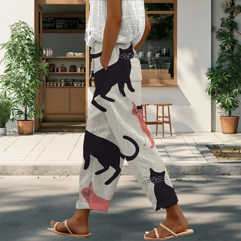 Womens Trendy Cropped Pants 2024 Japanese Vintage Plus Size Elastic Waist Casual Beach Trousers with Pocket