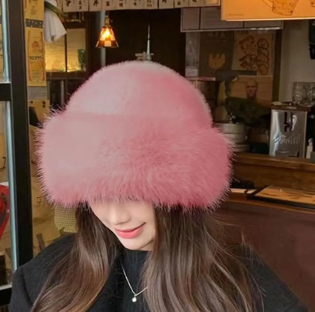 Womens Winter Faux Fur Bucket Hat, 2025 New Warm Plush Wide Brim Thickened Fluffy Fisherman Cap Russian Hat for Women Girls