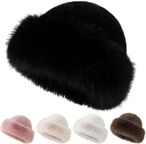 Womens Winter Faux Fur Bucket Hat, 2025 New Warm Plush Wide Brim Thickened Fluffy Fisherman Cap Russian Hat for Women Girls