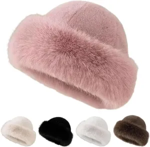 Womens Winter Faux Fur Bucket Hat, 2025 New Warm Plush Wide Brim Thickened Fluffy Fisherman Cap Russian Hat for Women Girls