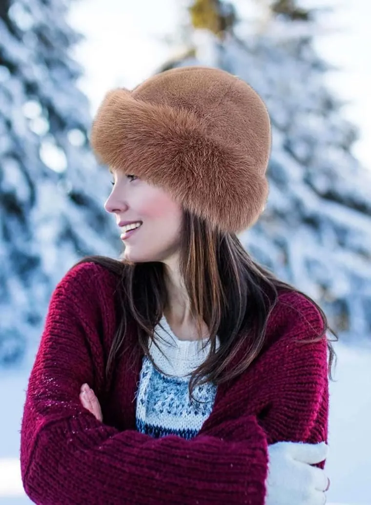 Womens Winter Faux Fur Bucket Hat, 2025 New Warm Plush Wide Brim Thickened Fluffy Fisherman Cap Russian Hat for Women Girls
