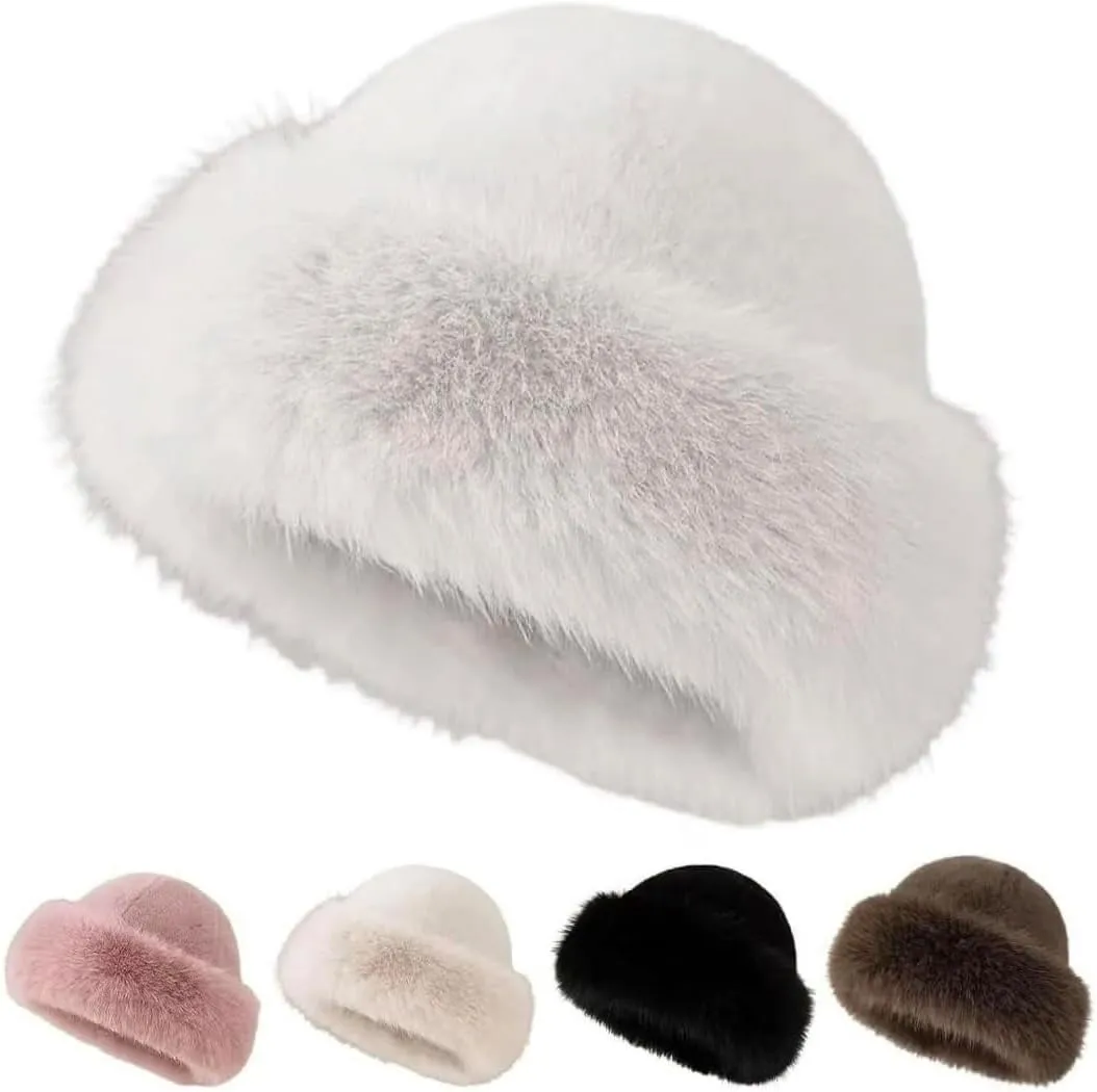 Womens Winter Faux Fur Bucket Hat, 2025 New Warm Plush Wide Brim Thickened Fluffy Fisherman Cap Russian Hat for Women Girls