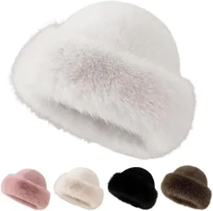 Womens Winter Faux Fur Bucket Hat, 2025 New Warm Plush Wide Brim Thickened Fluffy Fisherman Cap Russian Hat for Women Girls