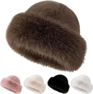 Womens Winter Faux Fur Bucket Hat, 2025 New Warm Plush Wide Brim Thickened Fluffy Fisherman Cap Russian Hat for Women Girls
