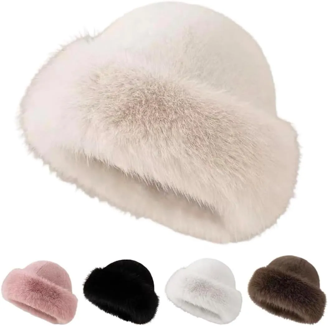 Womens Winter Faux Fur Bucket Hat, 2025 New Warm Plush Wide Brim Thickened Fluffy Fisherman Cap Russian Hat for Women Girls