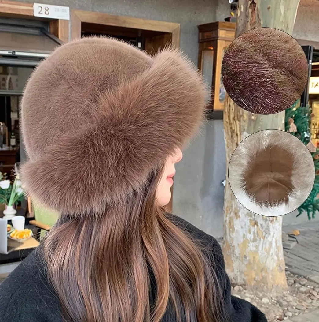 Womens Winter Faux Fur Bucket Hat, 2025 New Warm Plush Wide Brim Thickened Fluffy Fisherman Cap Russian Hat for Women Girls