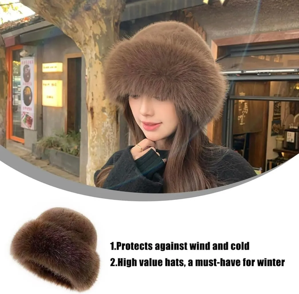 Womens Winter Faux Fur Bucket Hat, 2025 New Warm Plush Wide Brim Thickened Fluffy Fisherman Cap Russian Hat for Women Girls