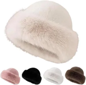 Womens Winter Faux Fur Bucket Hat, 2025 New Warm Plush Wide Brim Thickened Fluffy Fisherman Cap Russian Hat for Women Girls
