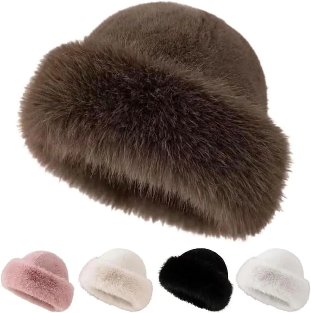 Womens Winter Faux Fur Bucket Hat, 2025 New Warm Plush Wide Brim Thickened Fluffy Fisherman Cap Russian Hat for Women Girls