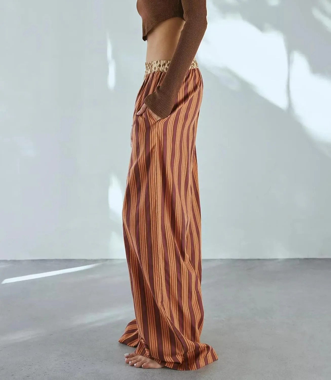 Y2k Striped Pants for Women Wide Leg Drawstring Elastic Low Rise Pajama Pants Lounge Wear Trousers
