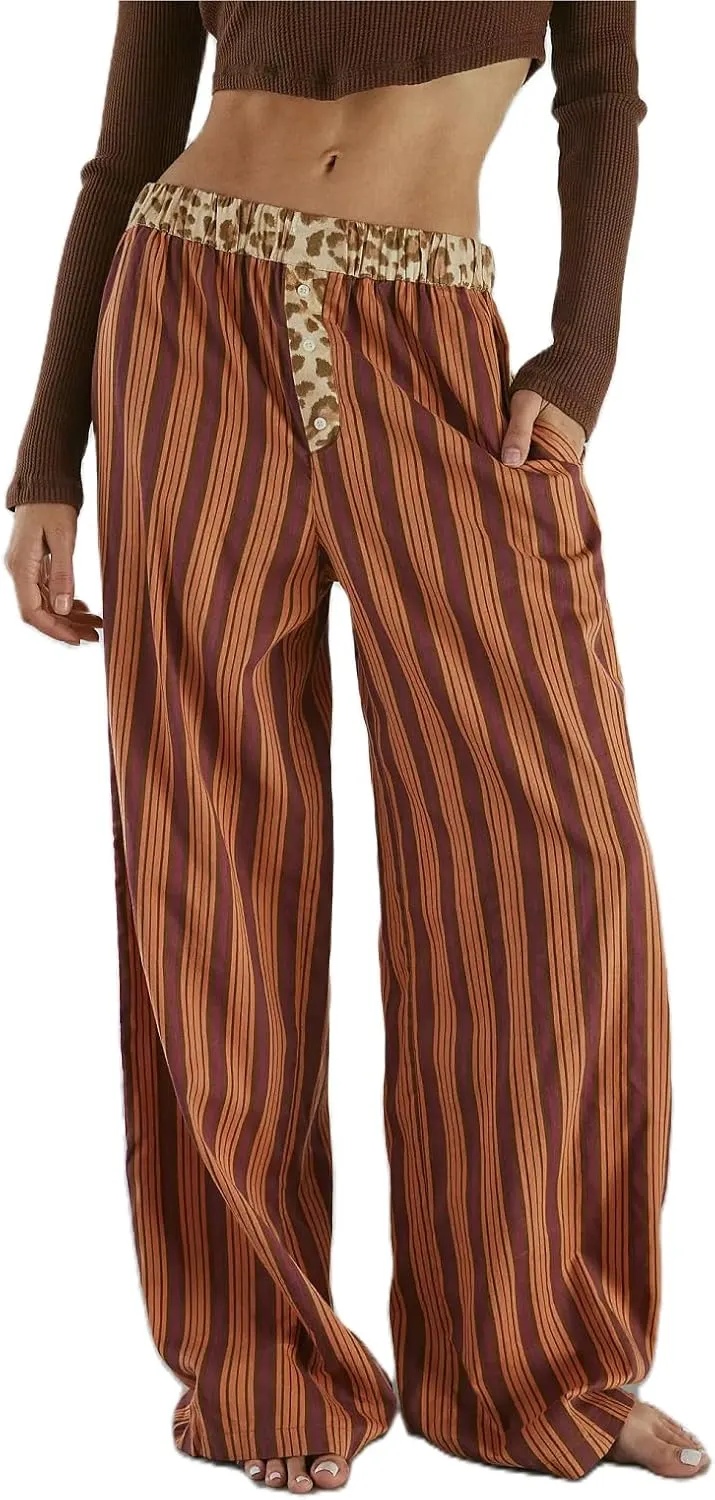 Y2k Striped Pants for Women Wide Leg Drawstring Elastic Low Rise Pajama Pants Lounge Wear Trousers
