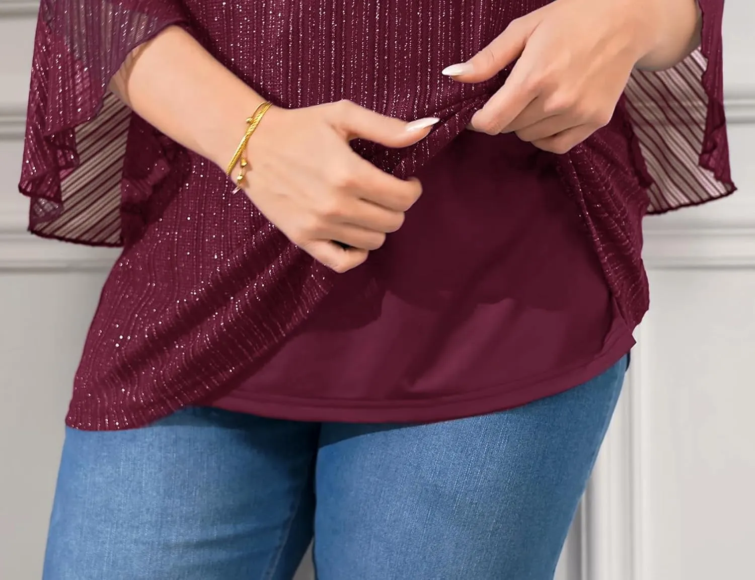 ZOMVA Women's Plus Size Ruffle 3/4 Sleeve Blouses Casual Elegant Dressy Crew Neck Double Layers Sparkly Mesh Tunic Tops