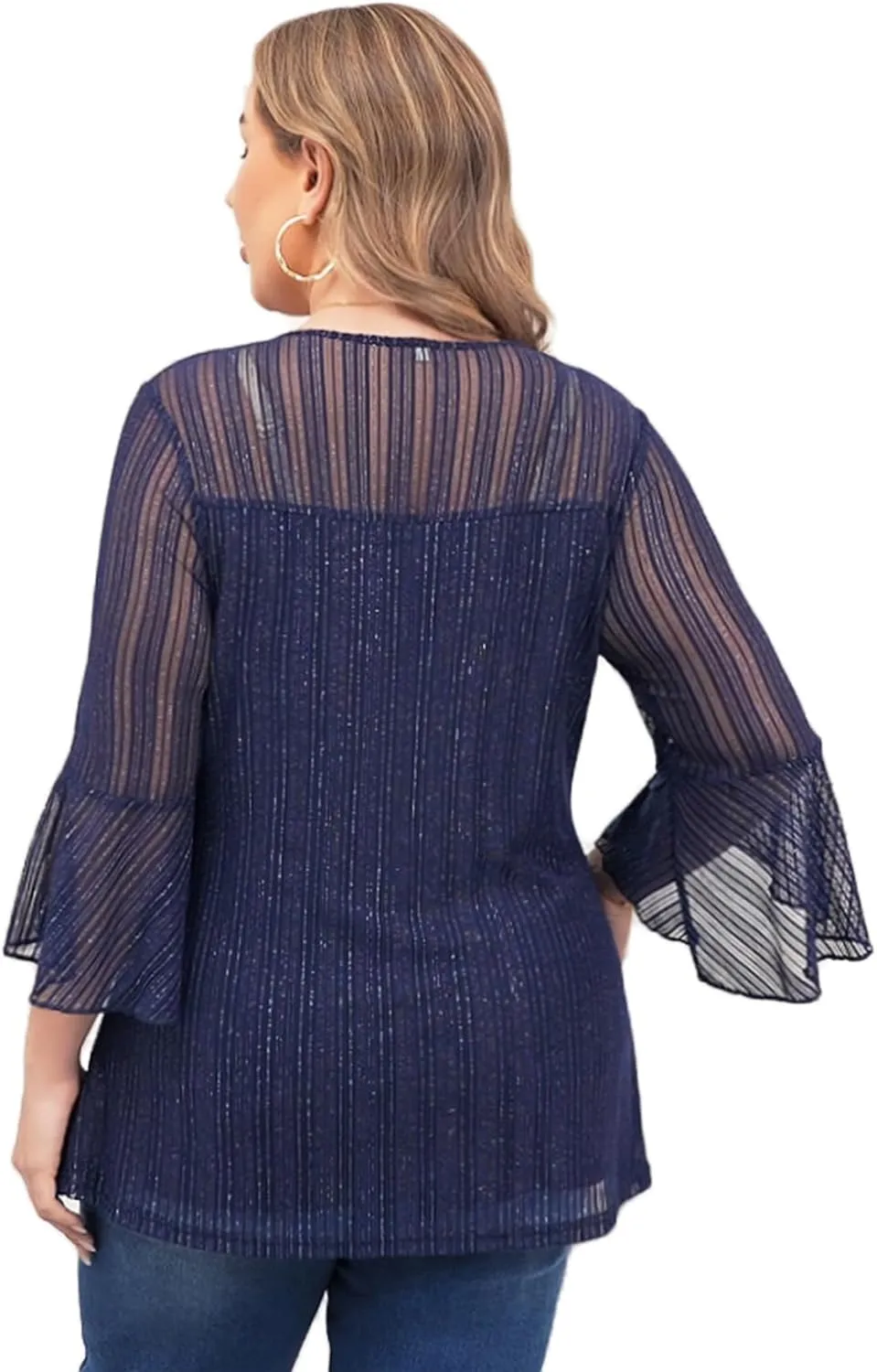 ZOMVA Women's Plus Size Ruffle 3/4 Sleeve Blouses Casual Elegant Dressy Crew Neck Double Layers Sparkly Mesh Tunic Tops