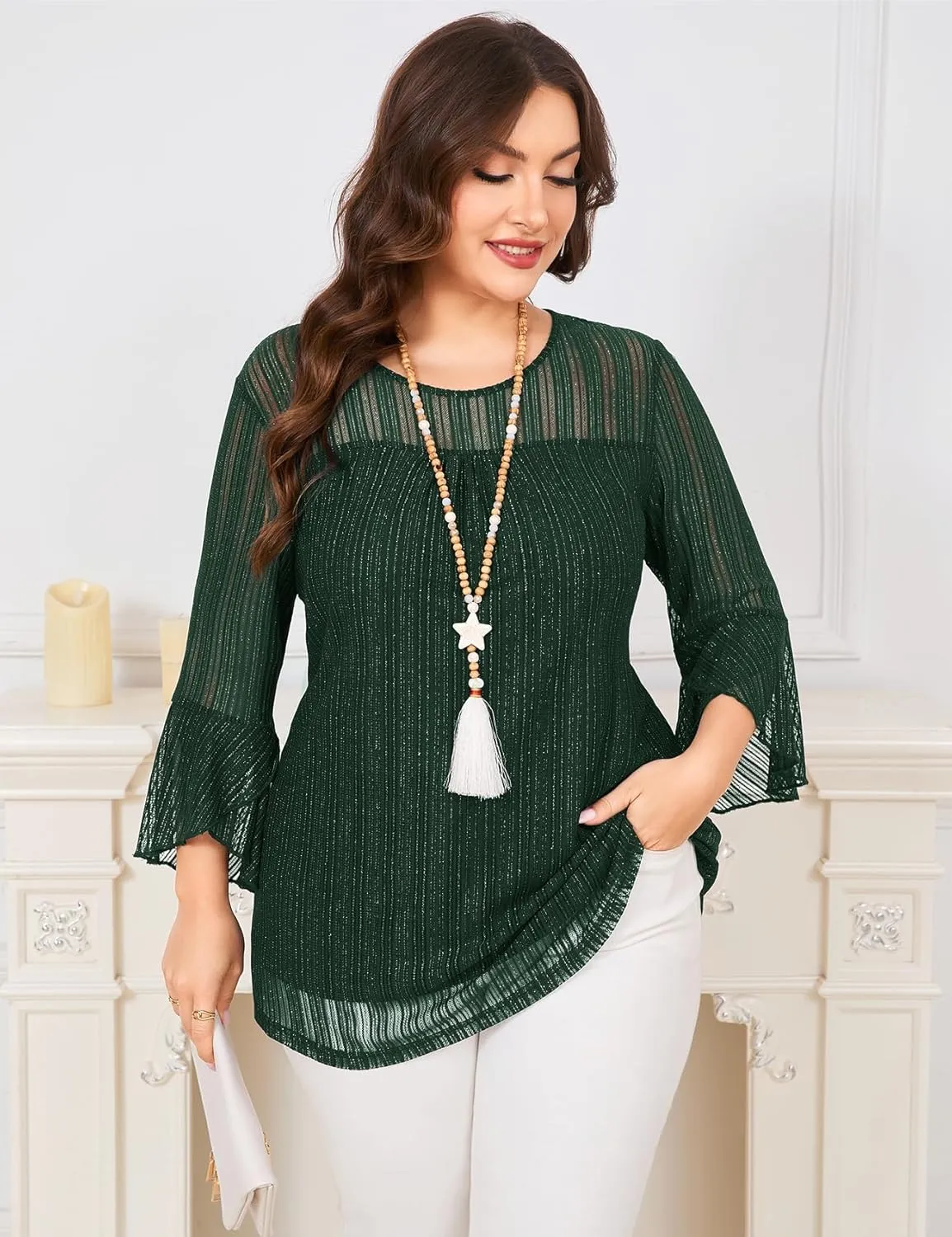 ZOMVA Women's Plus Size Ruffle 3/4 Sleeve Blouses Casual Elegant Dressy Crew Neck Double Layers Sparkly Mesh Tunic Tops