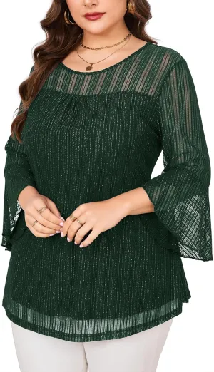 ZOMVA Women's Plus Size Ruffle 3/4 Sleeve Blouses Casual Elegant Dressy Crew Neck Double Layers Sparkly Mesh Tunic Tops