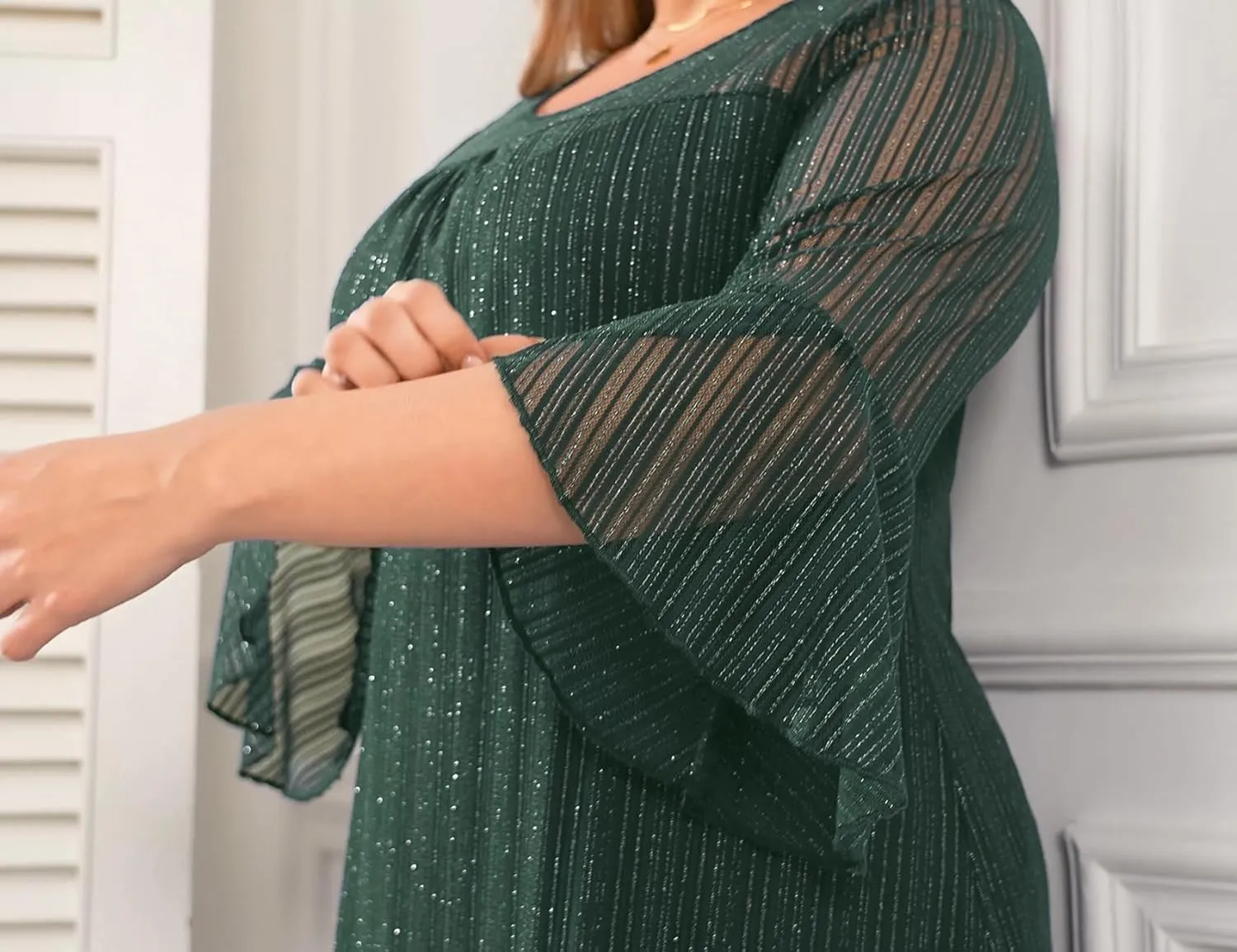 ZOMVA Women's Plus Size Ruffle 3/4 Sleeve Blouses Casual Elegant Dressy Crew Neck Double Layers Sparkly Mesh Tunic Tops