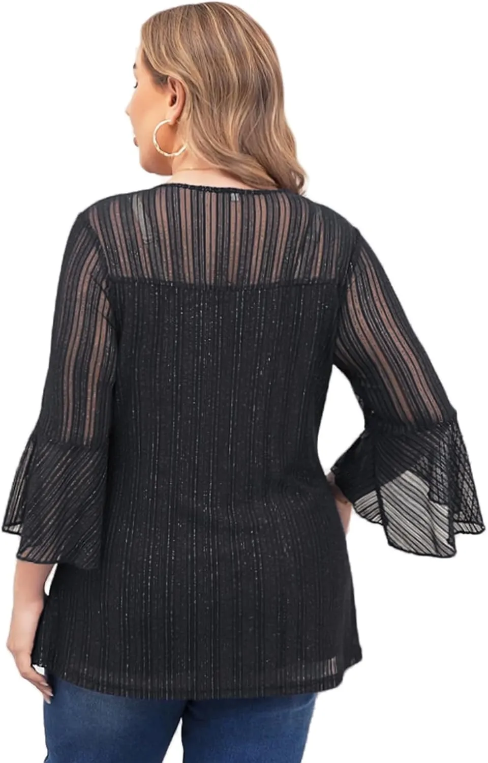 ZOMVA Women's Plus Size Ruffle 3/4 Sleeve Blouses Casual Elegant Dressy Crew Neck Double Layers Sparkly Mesh Tunic Tops